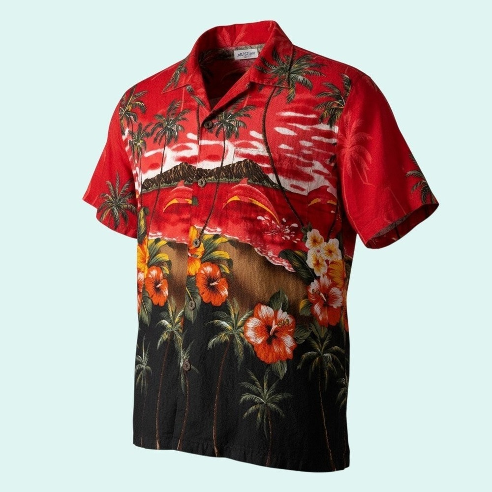 Palmwave Hawaii Size S Red Scenic Hawaiian Shirt Tropical Beach